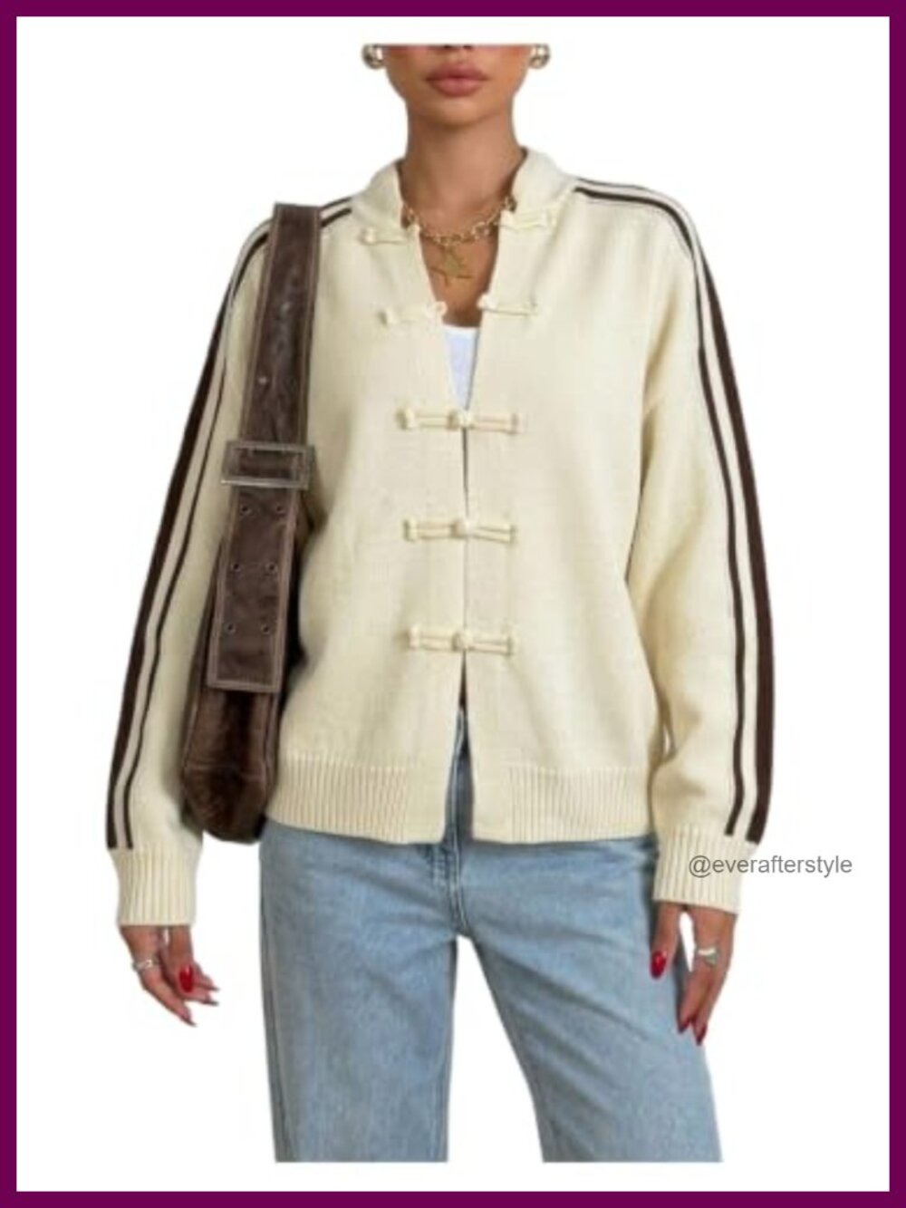 Oversized Striped Knit Cardigan Mock Neck Chinese Style Long Sleeve Button Up